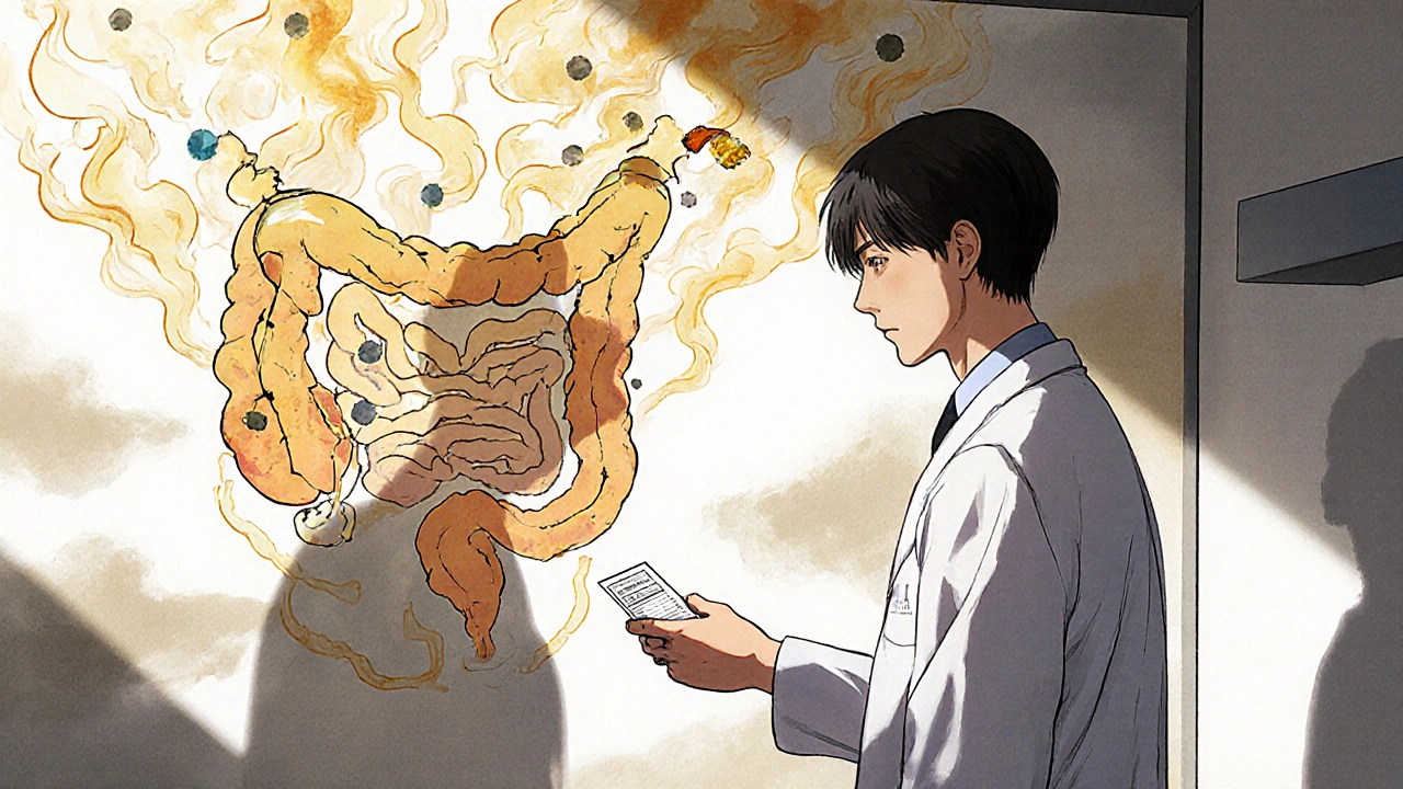 A doctor gives a new prescription as an old ranitidine bottle dissolves into smoke.