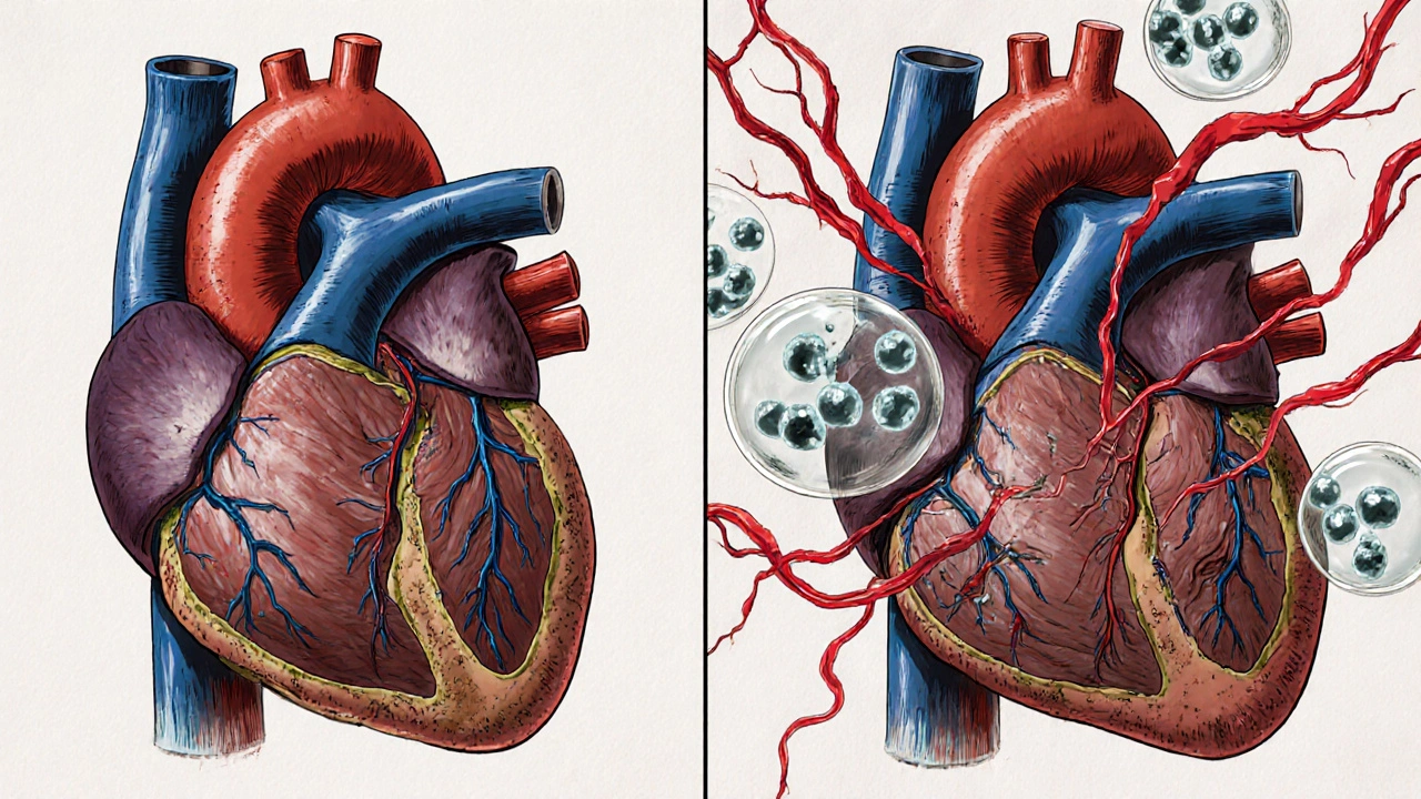 A heart transforming from strained to healthy as molecules block harmful chemicals.