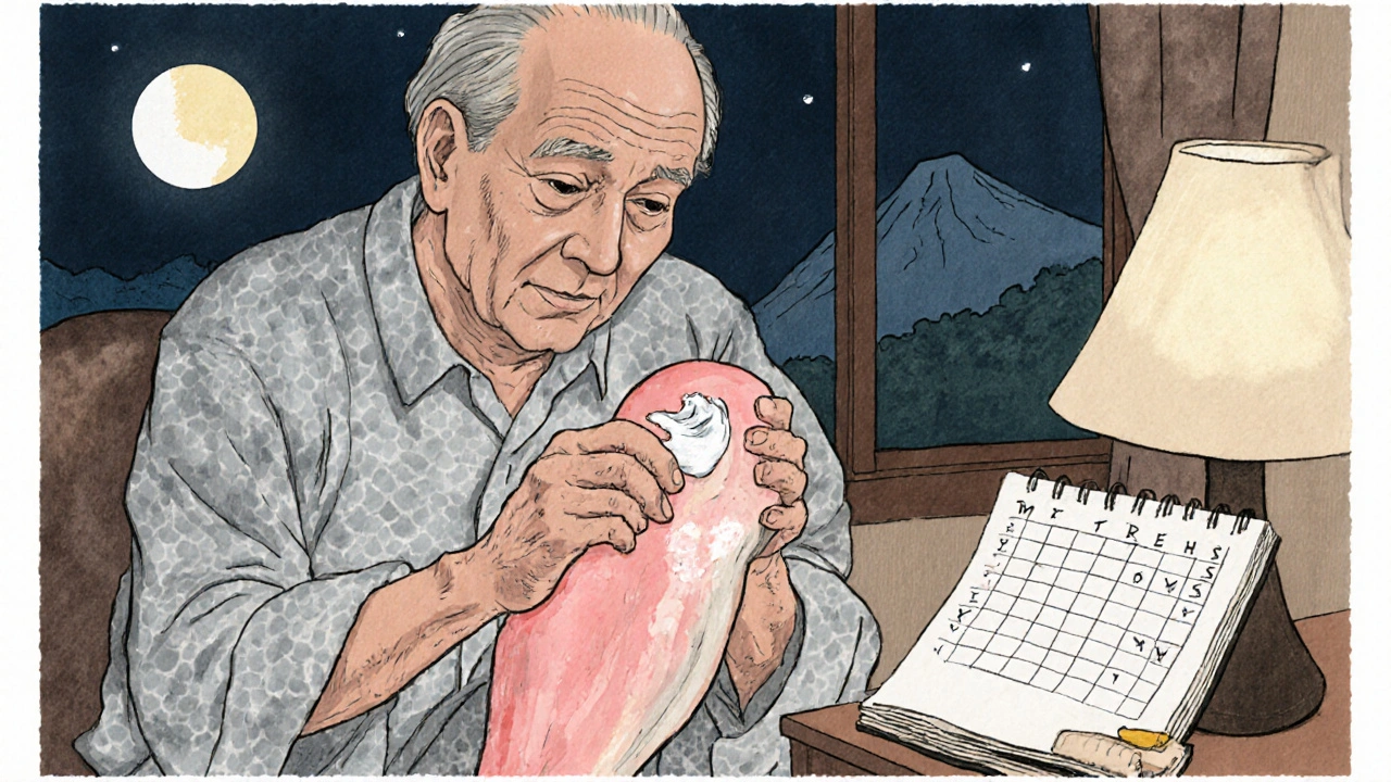 An elderly man applying cream at night as his knee skin improves over time, with moonlight through the window.