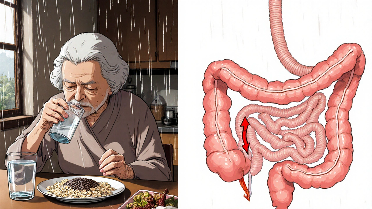 An elderly woman eating fiber-rich food as her intestines are shown as a weakening hose.