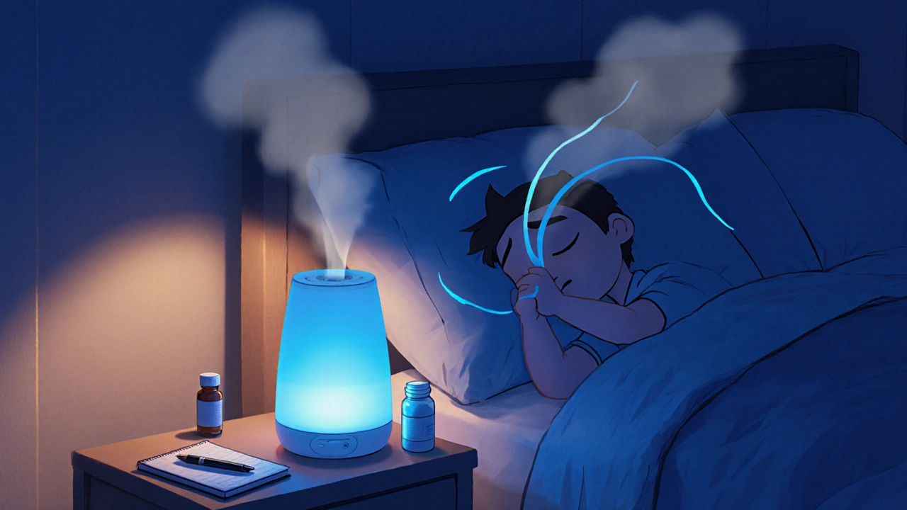 Bedroom scene with humidifier, character breathing exercises, and medication jar in Pixar style.