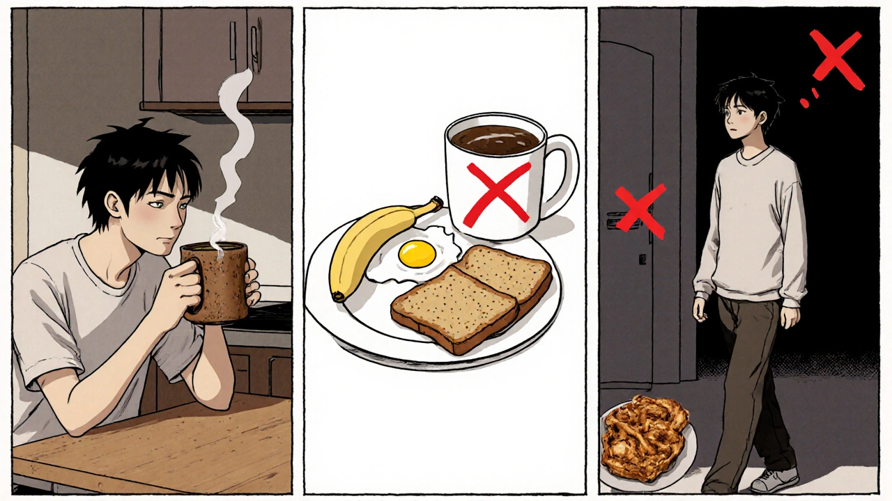 Character drinks ginger tea, eats bland meal, and avoids coffee and fried food.