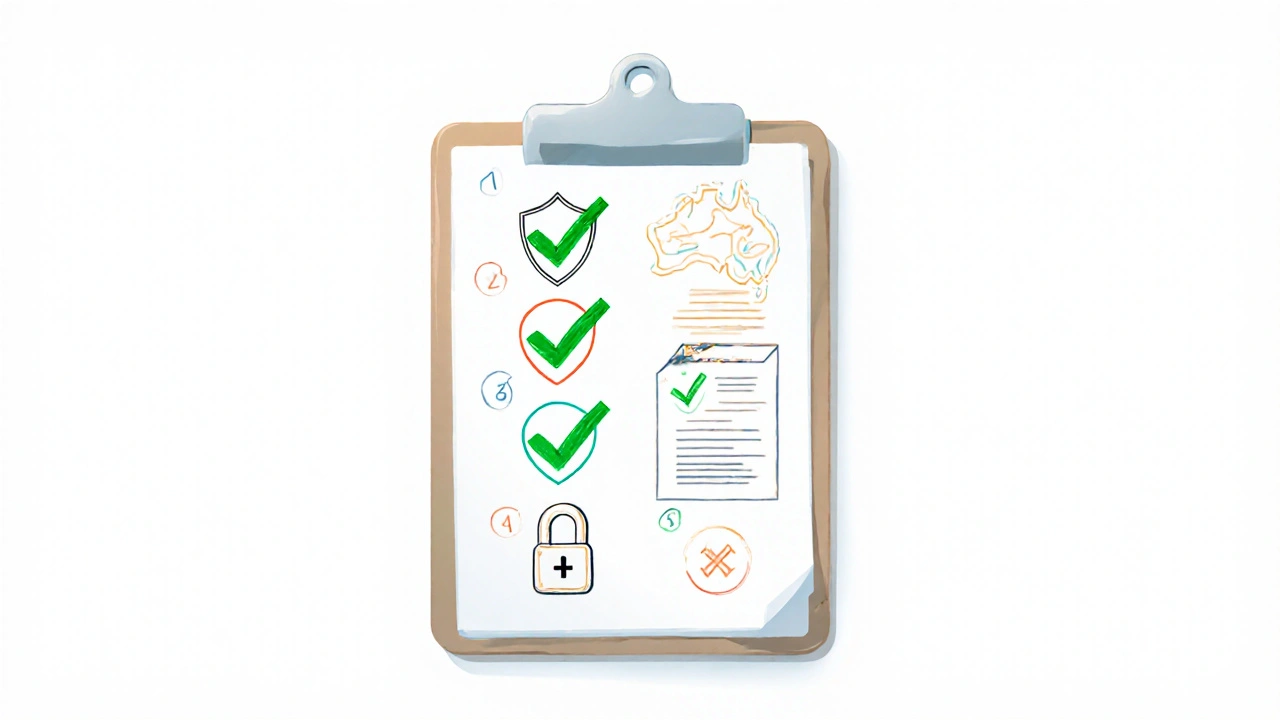 Checklist illustration showing icons for registration, address, HTTPS, prescription, and returns.