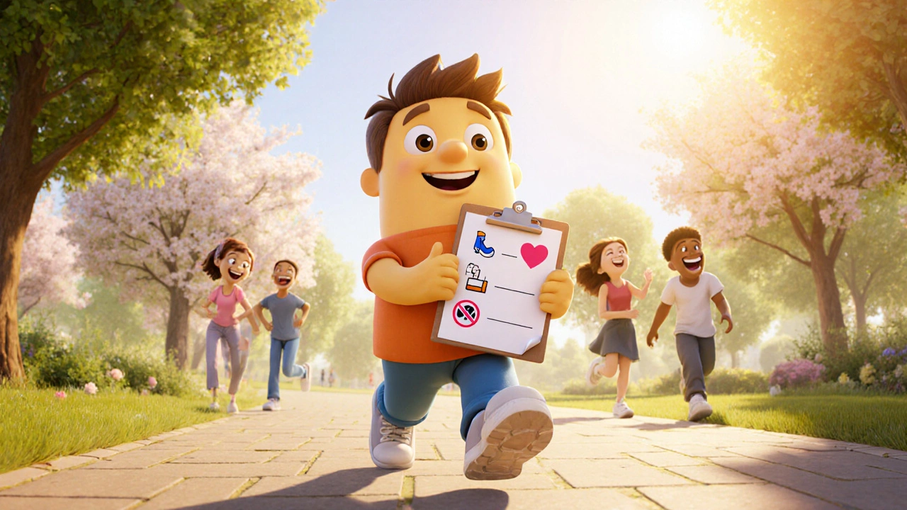 Cheerful character holding a checklist of health icons walking in a sunny park in Pixar style.