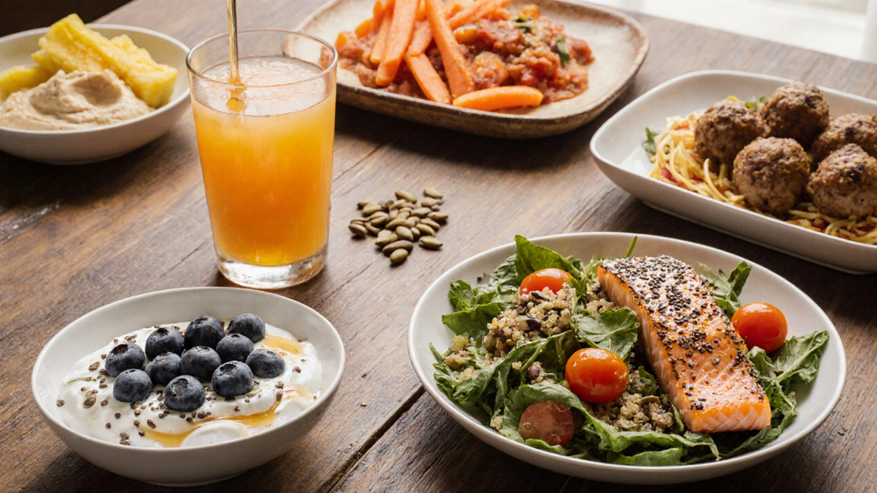 Close‑up of balanced meals: yogurt with berries, salmon quinoa salad, and turkey spaghetti squash.