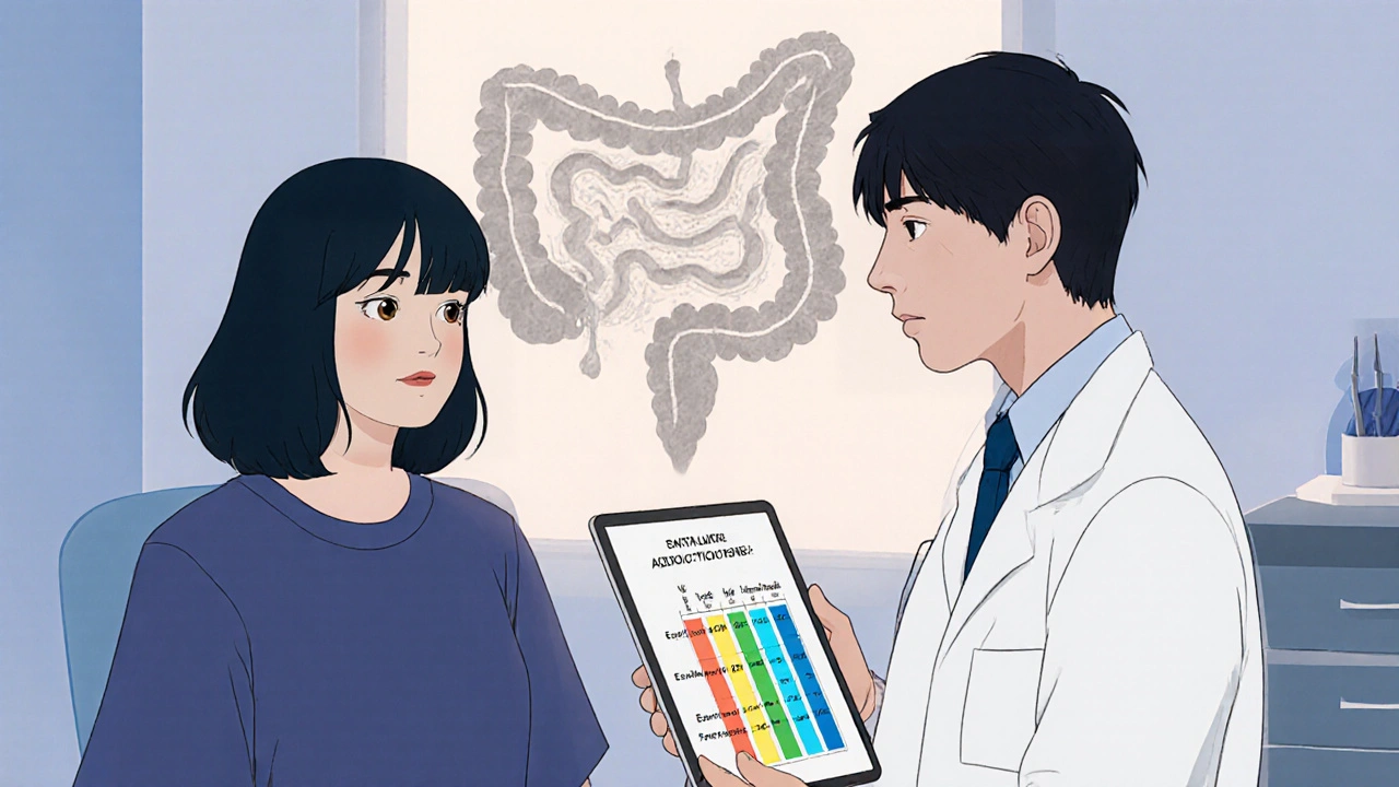 Doctor and patient discuss dosage change with a chart of SSRIs in a clinic.