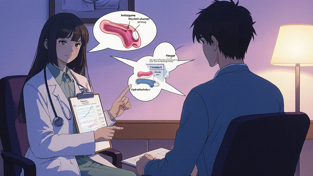 Doctor and patient discussing medication options with a visual of a blocked receptor.