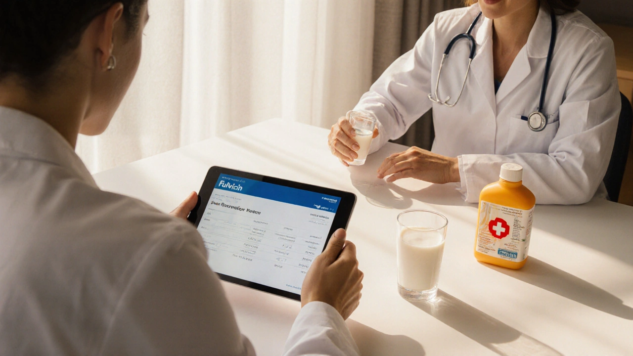 Doctor and patient discussing treatment, with Fulvicin tablet and sunscreen crossed out.