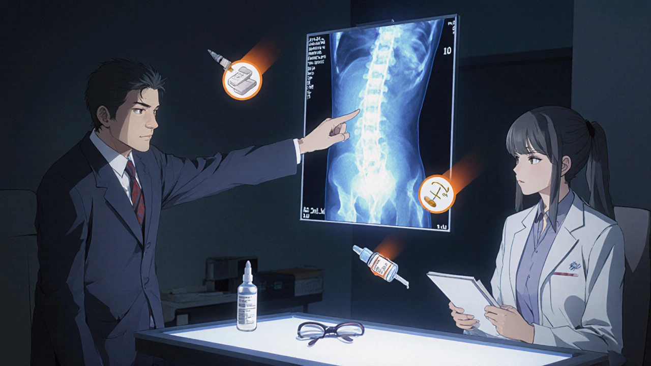 Doctor showing a DXA scan to a patient, surrounded by calcium, vitamin D, and hormone icons.