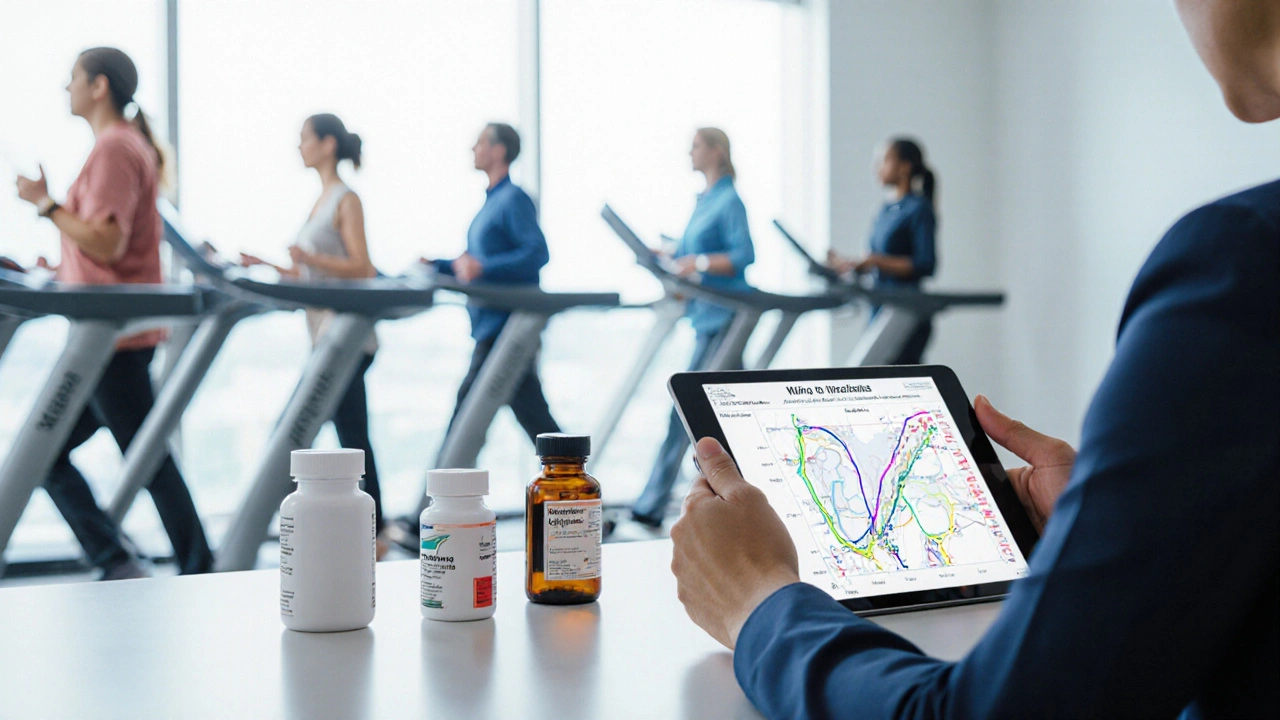 Doctor with medication bottles discussing options as patients walk on treadmills in the background.