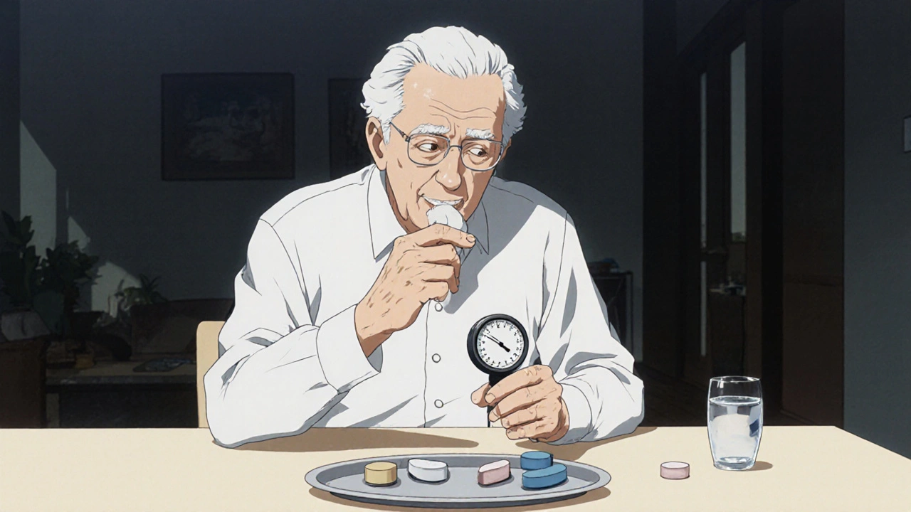 Elderly person at home drinking water, chewing gum, and checking eye pressure beside three pills.