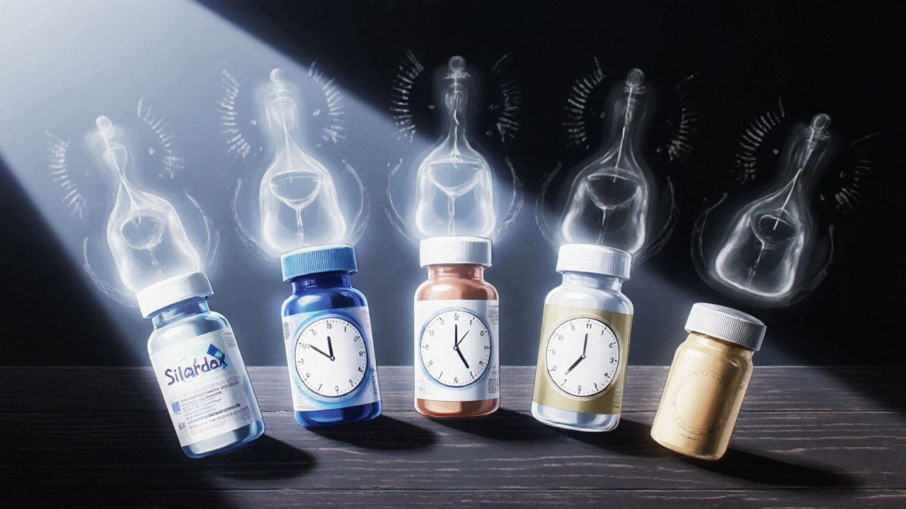 Five medication bottles with faint clock shapes behind them showing different onset times.