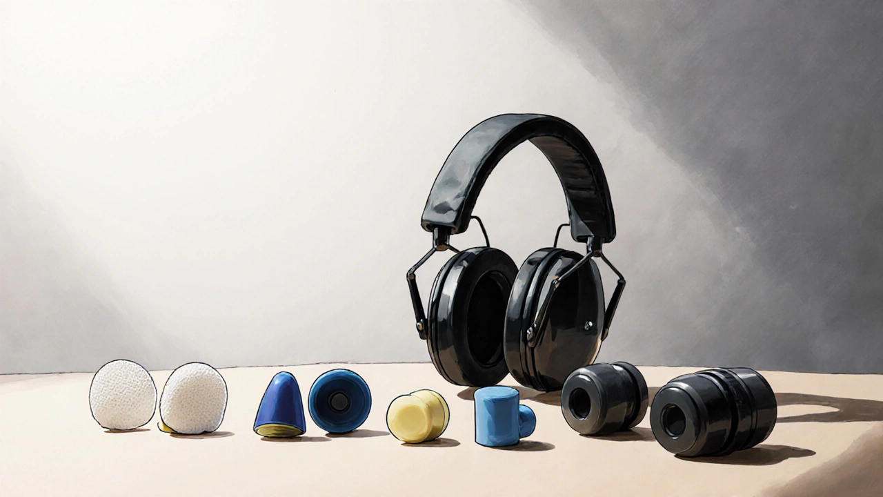Four ear‑protection devices arranged on a tabletop with detailed textures.