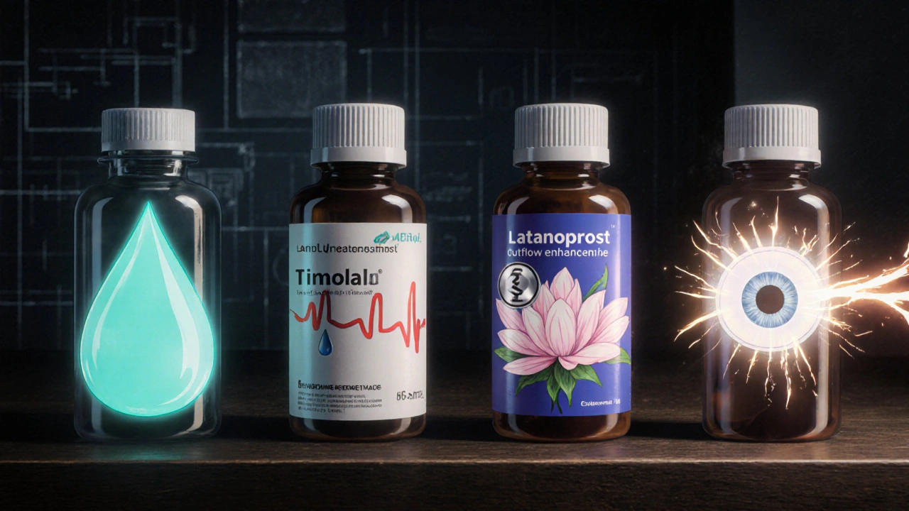 Four glaucoma eye‑drop bottles displayed with visual cues for their mechanisms.