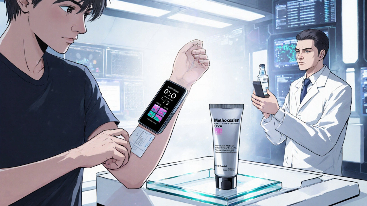 Future treatment with a wearable UVA patch, topical cream, and biologic vial.