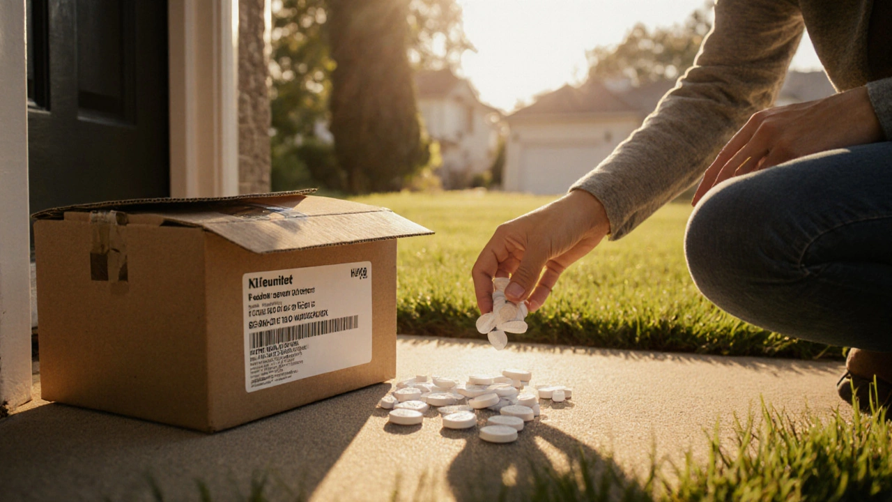 Happy customer receiving a delivery box with generic tablets spilling onto the lawn.
