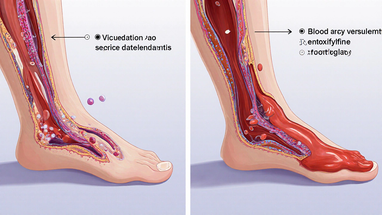 Illustration comparing dilated blood vessels with smooth flow to narrower vessels with thicker blood.