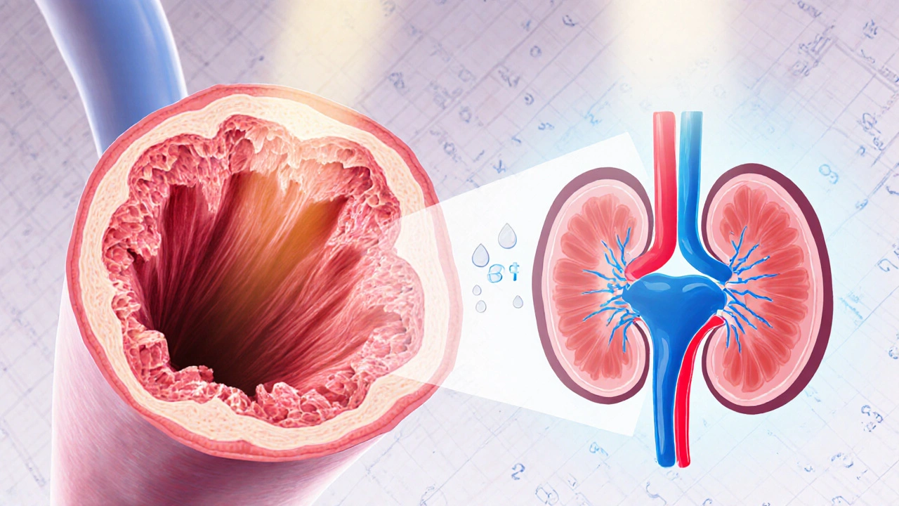 Illustration of artery dilation and kidney urine output showing Micardis Plus action.