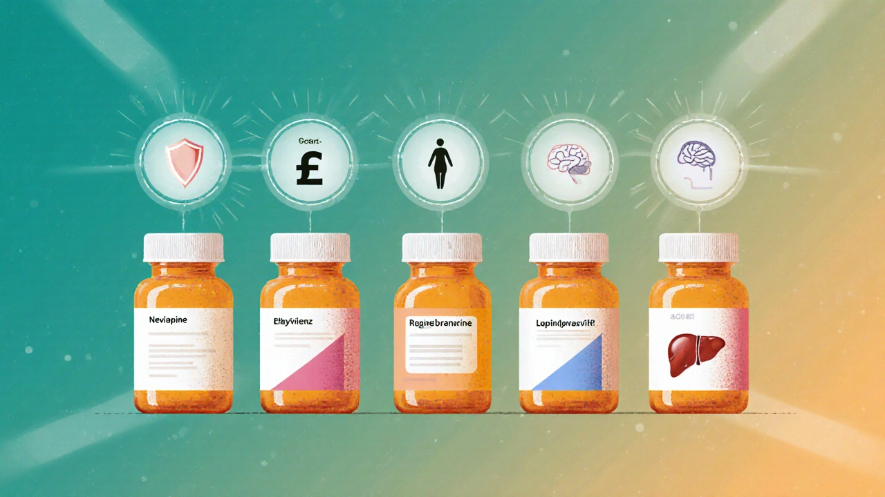 Illustration of five HIV drug pill bottles each surrounded by icons for safety, cost, pregnancy, and side effects.