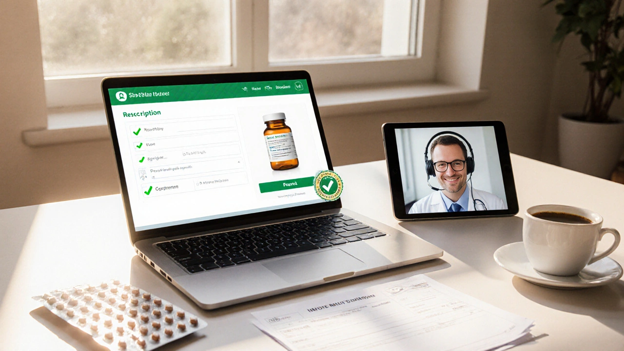 Laptop checkout with check marks, pill bottle model, and doctor video call beside it.