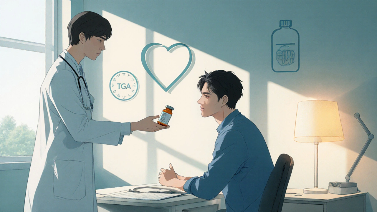 Man consulting a doctor who hands him a medication bottle, emphasizing safe choice.