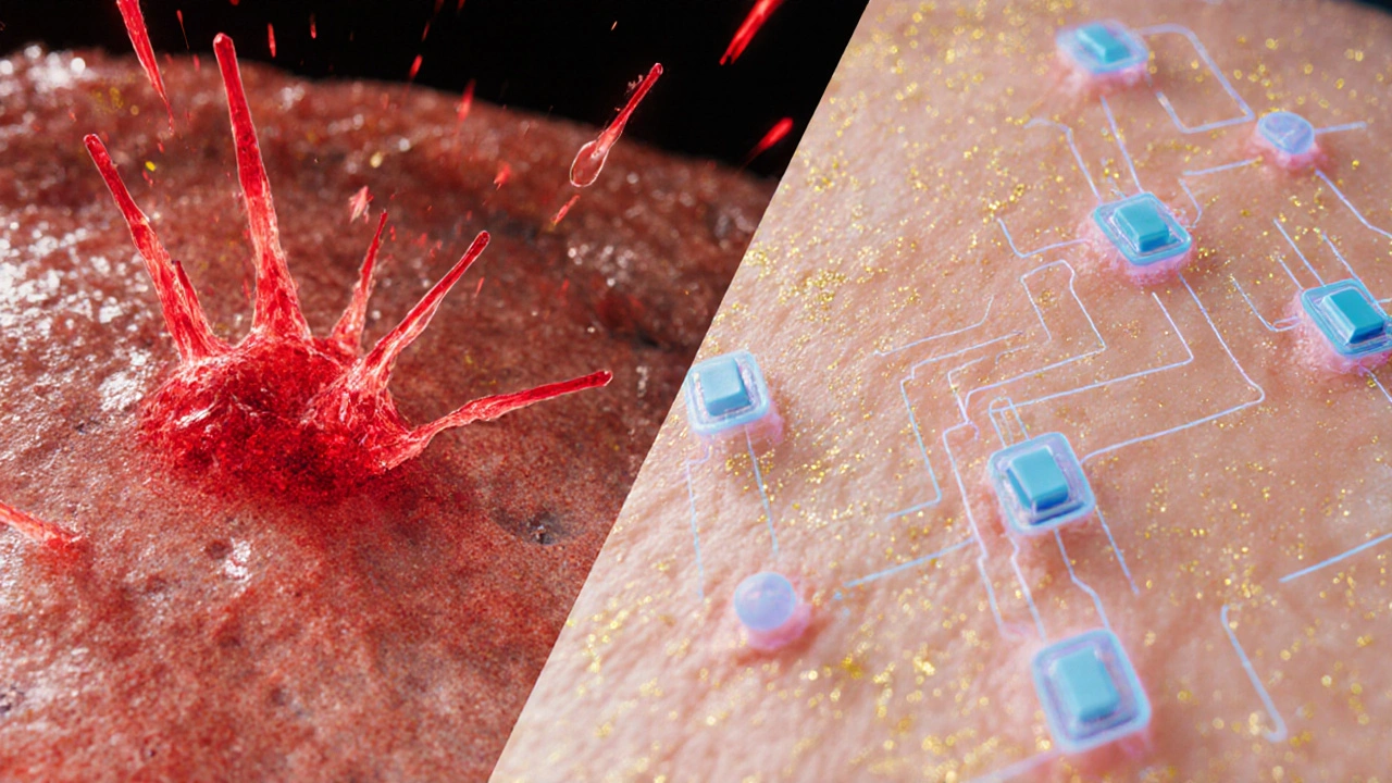 Microscopic view of inflamed skin cells transforming into orderly cells under calcipotrieneâs influence.