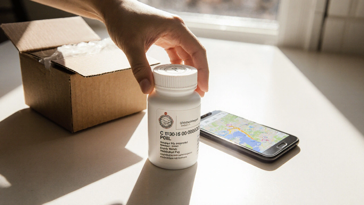 Opened box on kitchen counter showing sealed pill bottle with batch code and phone tracking map.
