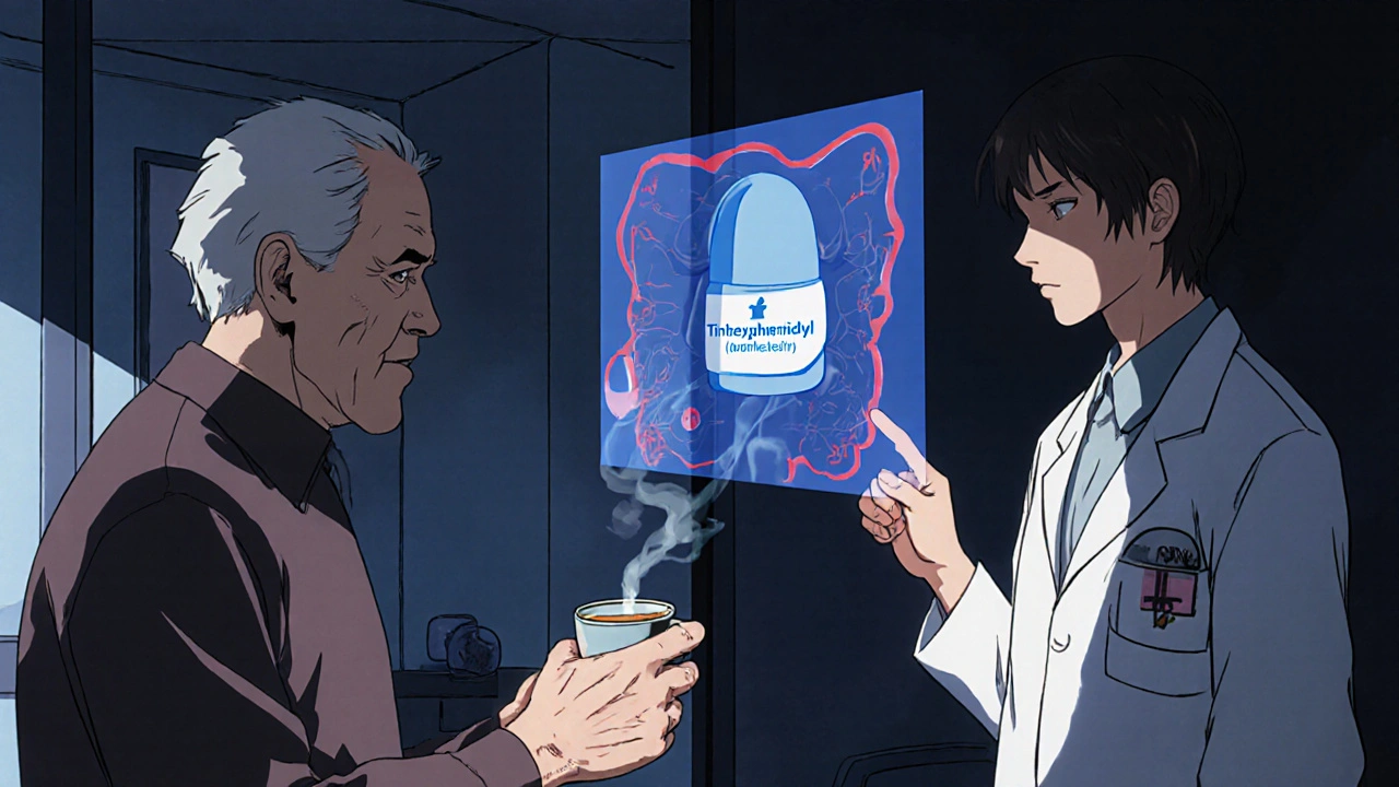 Parkinson's patient with trembling hand consulting a doctor, showing drug action diagram.