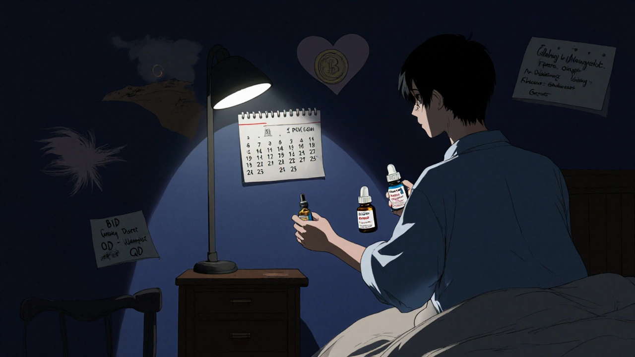 Patient at night choosing between Alphagan and Latanoprost, with dosing calendar and side‑effect symbols.