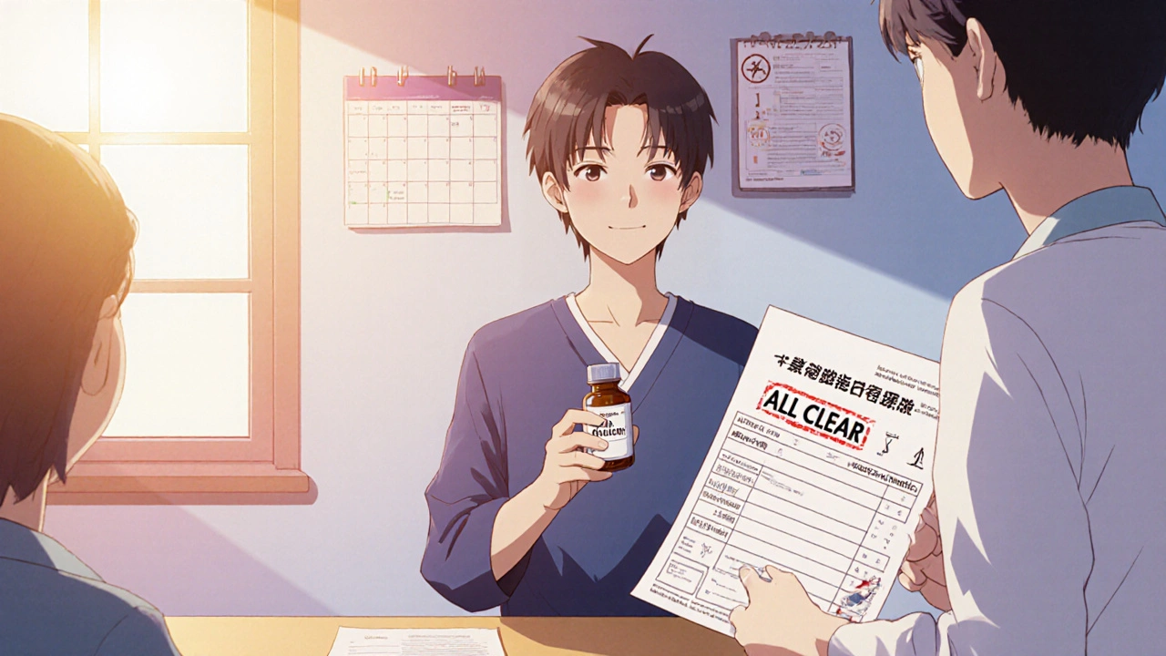 Patient happily holds medication as doctor shows clear lab results in warm light.