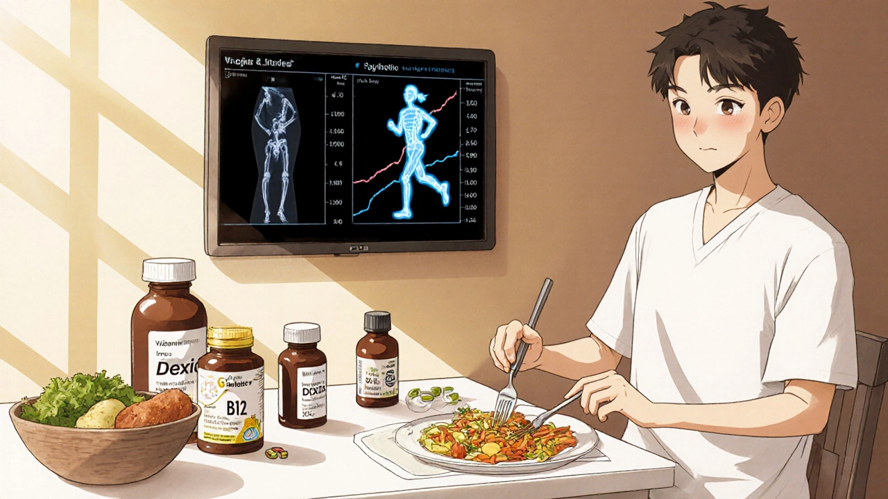 Patient preparing gluten‑free meal, taking supplements, and exercising with a DEXA scan display.