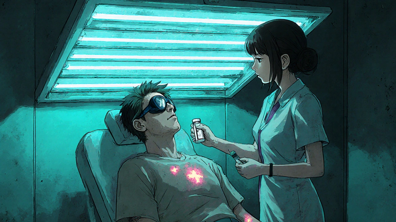 Patient receiving PUVA therapy with UVA lamps and protective goggles.