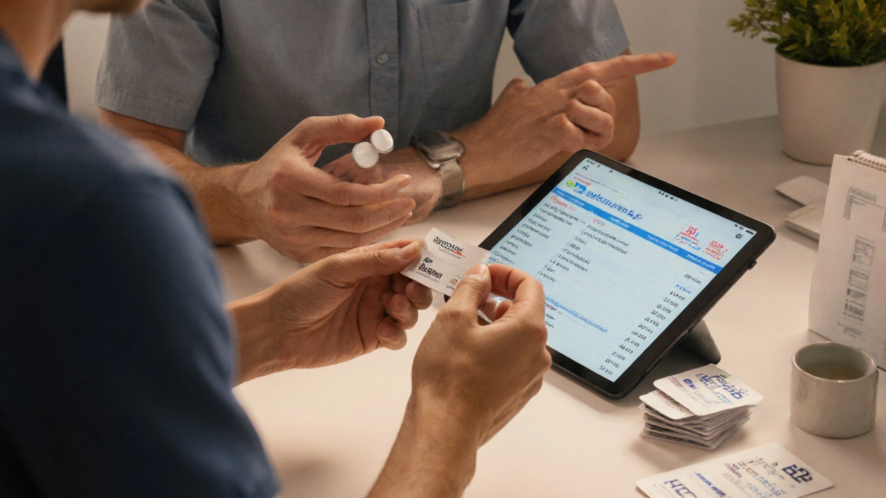 Patient weighing a single pill vs two pills with doctor in a bright clinic.