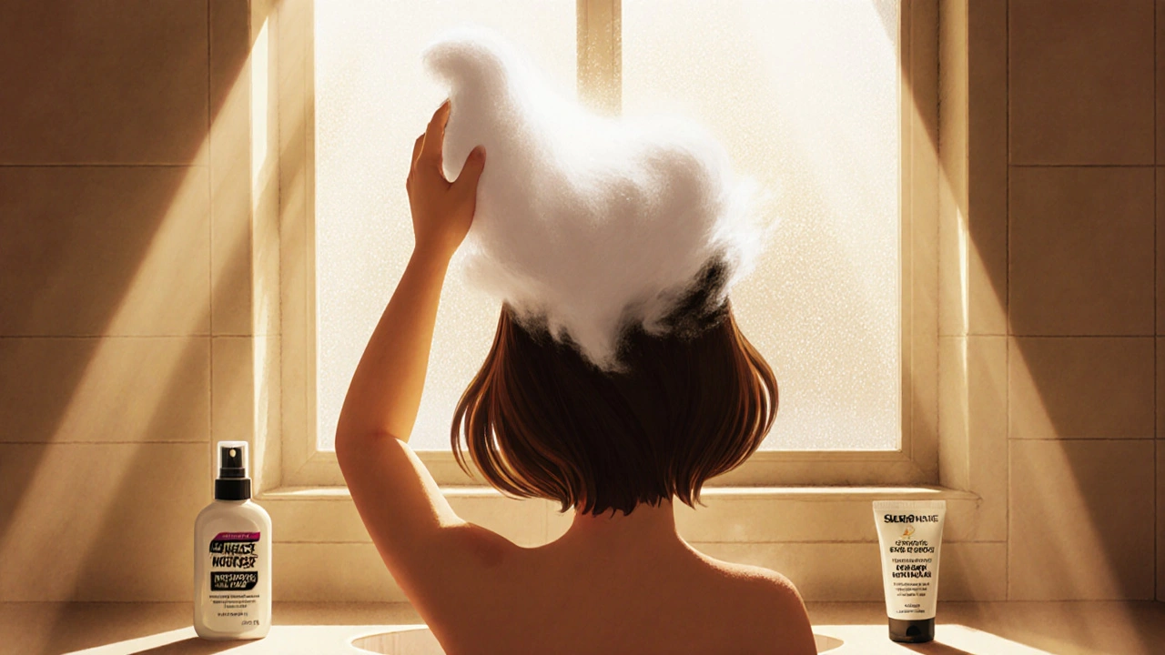 Person applying mousse and flipping hair upside down for added volume.