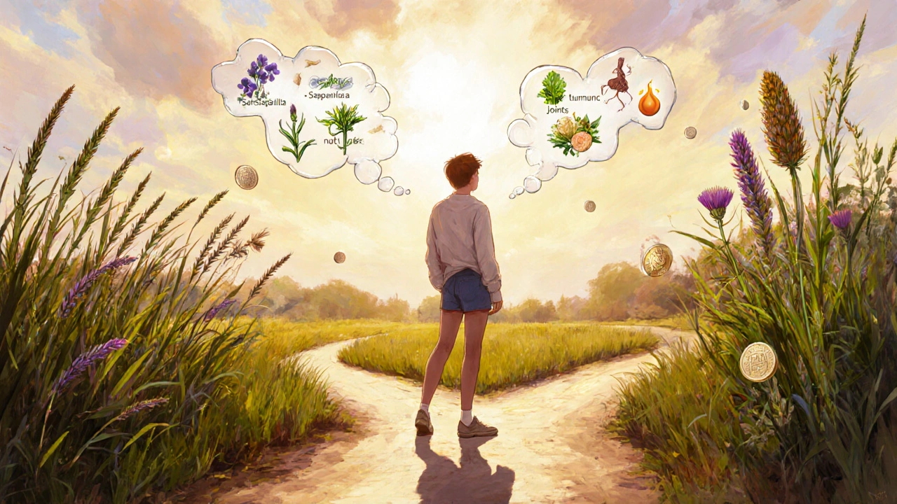 Person at a garden crossroads surrounded by herb clusters, thinking about health benefits and cost.