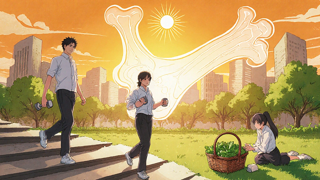 Person exercising in a sunrise park, bone silhouette turning solid, with greens and sun.