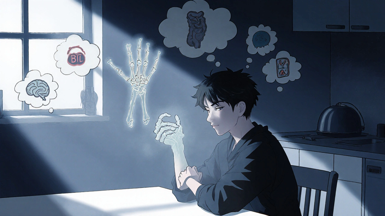 Person surrounded by symbols of anemia, bone loss, brain fog, and lymphoma, showing complications.