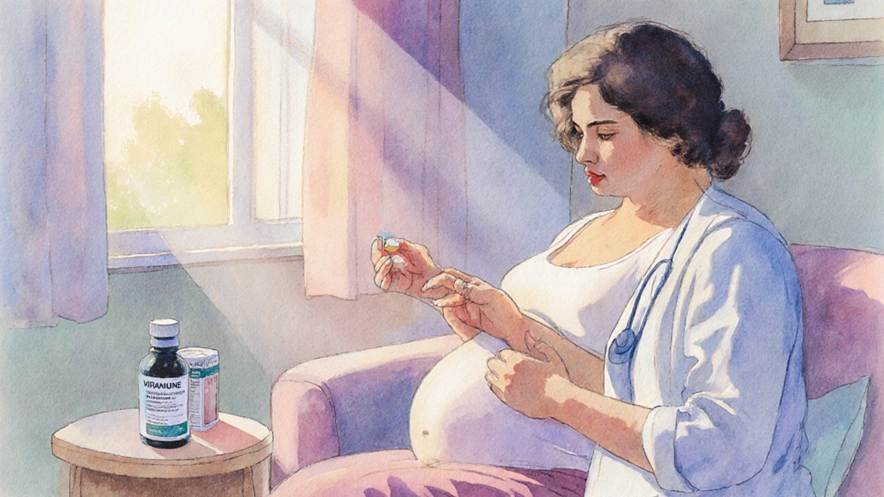 Pregnant woman taking nevirapine with a healthcare provider nearby, indicating safe use during pregnancy.