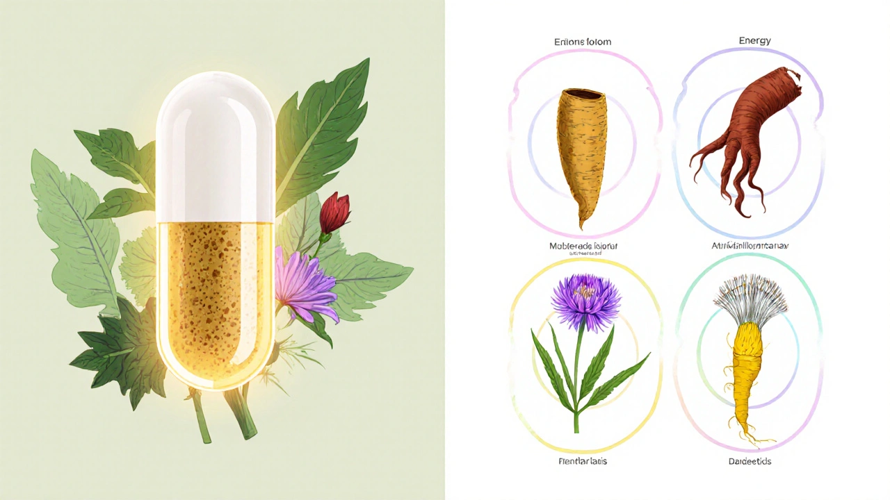 Split illustration showing Renalka's four herbs merging into one capsule and five separate alternative herbs.