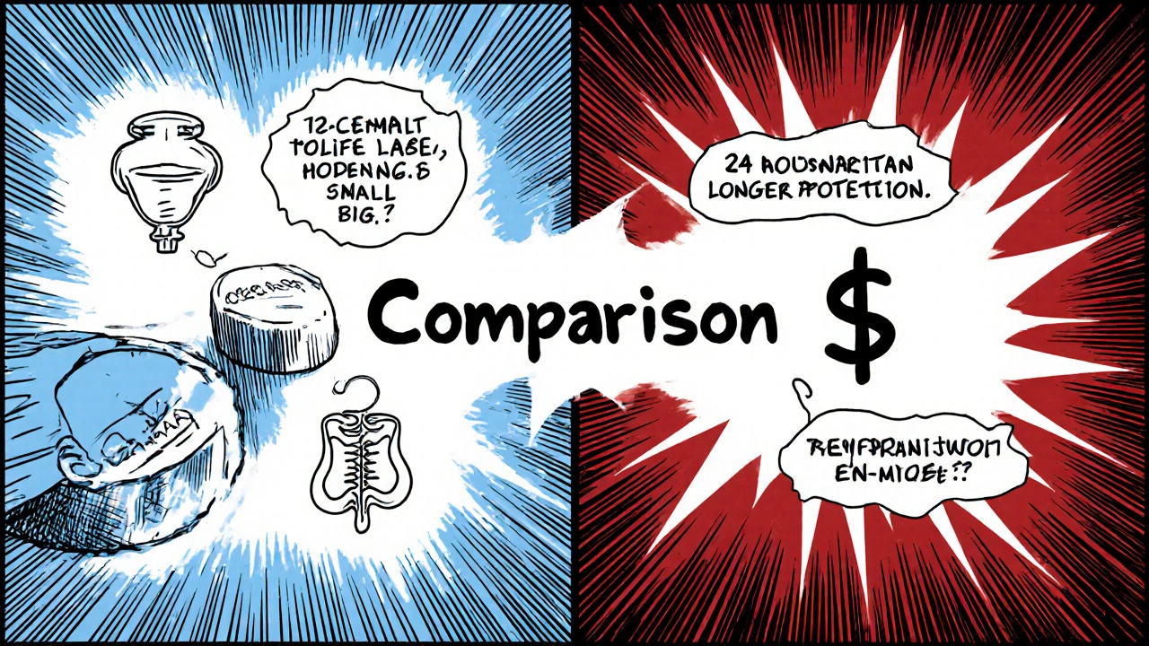 Split-screen illustration comparing Cozaar and Telmisartan with icons for dosage and half-life.
