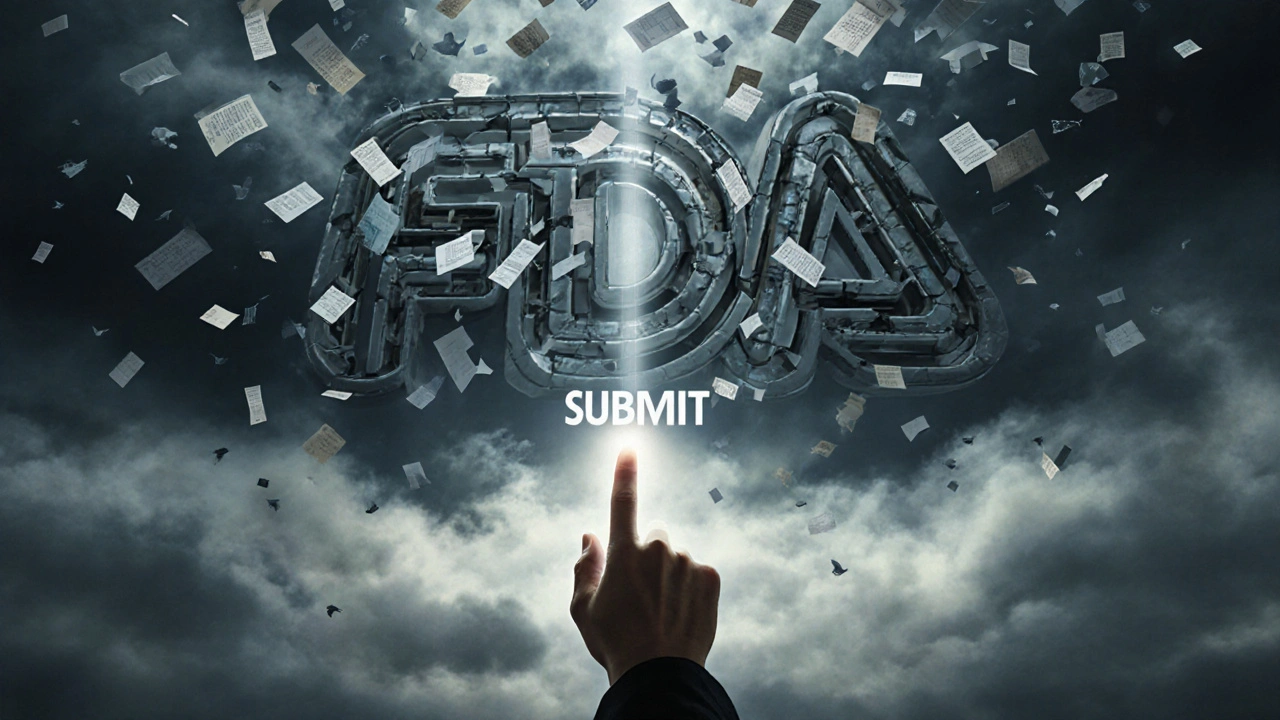 Thousands of report forms rising like birds toward a glowing FDA logo under a stormy sky.