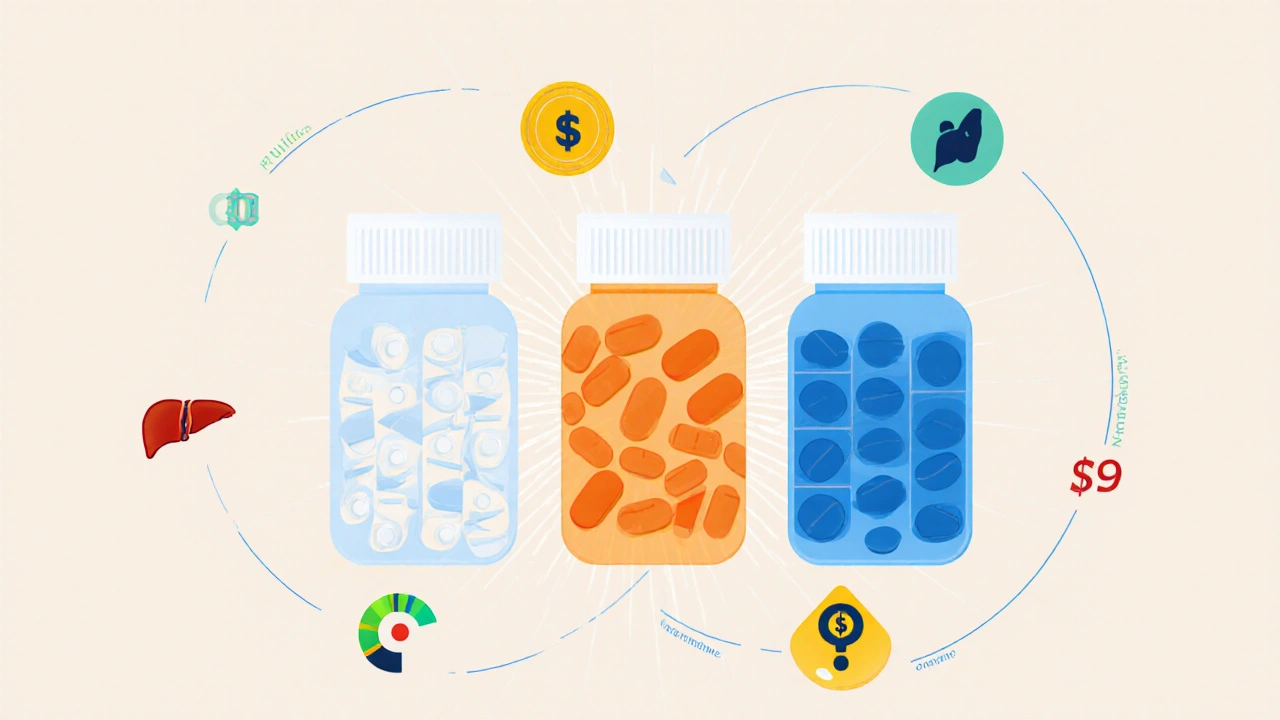 Three antifungal pill bottles with icons for duration, speed, cost, and liver risk.