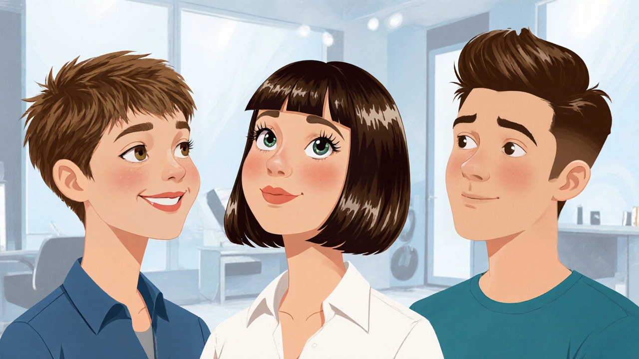 Three characters showing pixie cut, bob with side bangs, and undercut hairstyles.