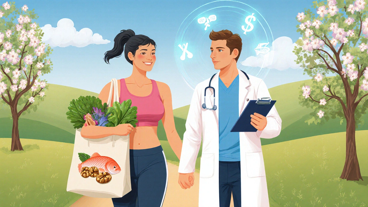 Woman and doctor walking in park, showing holistic health and reduced hormone activity.