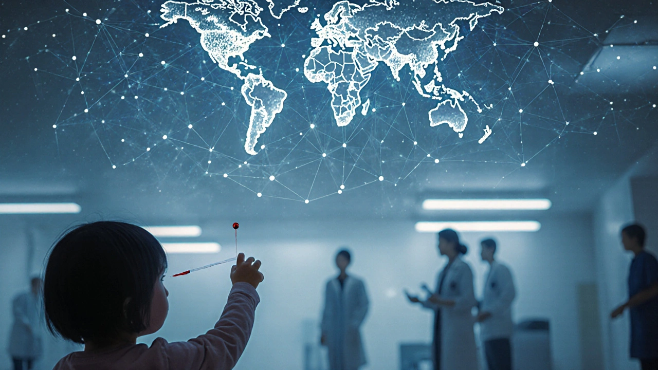 A child&#039;s hand being pricked for blood while a glowing network of patient data expands above.