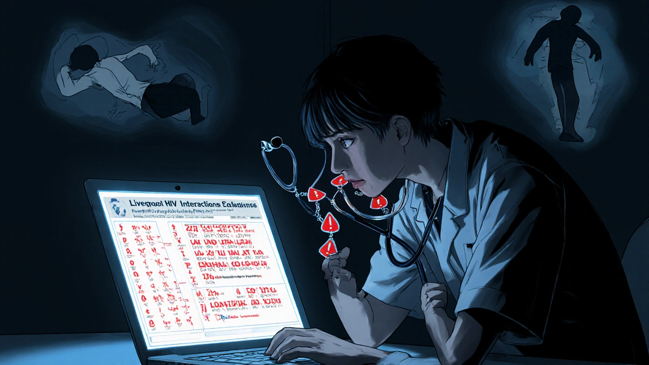 A clinician at a laptop flooded with red warnings, silhouettes of collapsing patients behind.