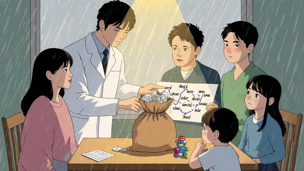 A family reviews medications with a pharmacist at the kitchen table.