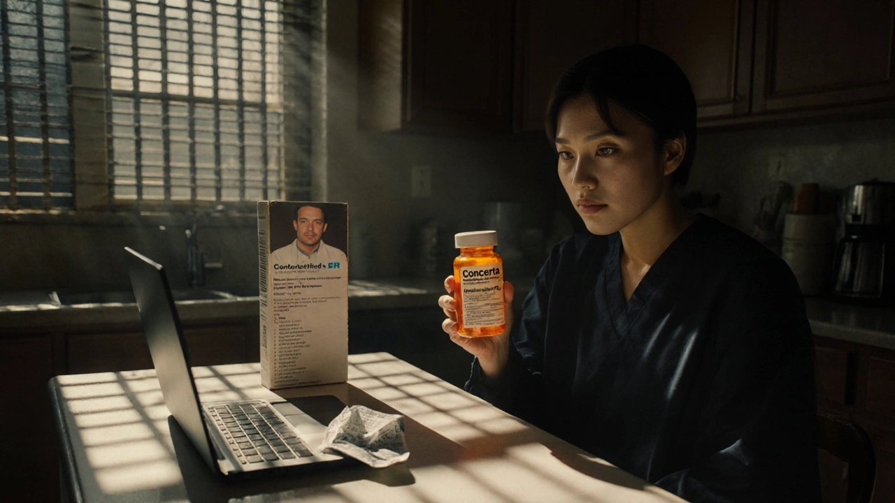 A patient holding a generic medication bottle in a dim kitchen, staring at a photo of the brand-name drug.