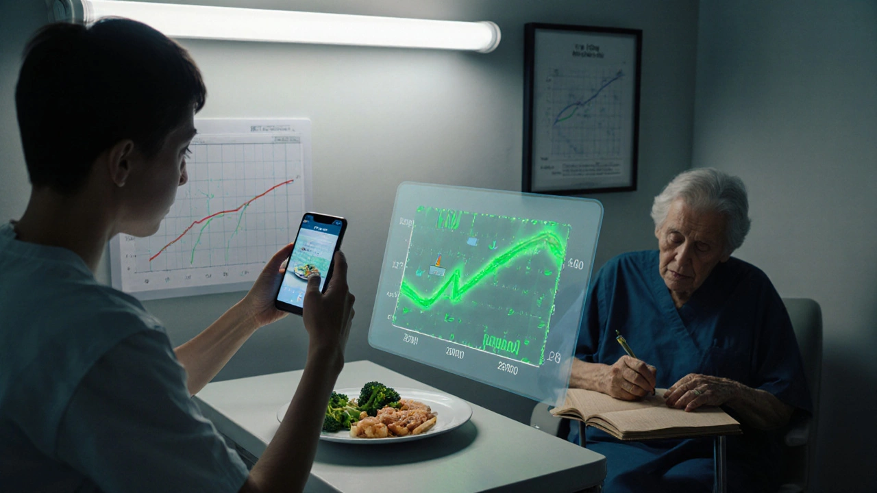 A patient photographing a meal as an AI nutrient map projects above it, while an older person writes in a paper diary nearby.
