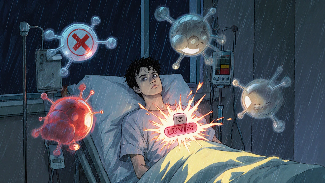 A patient surrounded by spectral drug molecules, one bloated red, one fading, one exploding.